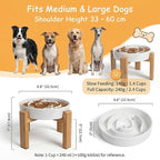 Elevated Slow Feeder Dog Bowl - Upgraded with Screwed Bamboo Stand - Ceramic Maze Dish for Fast Eaters - Raised Feeding Bowl for Medium and Large Dogs - White