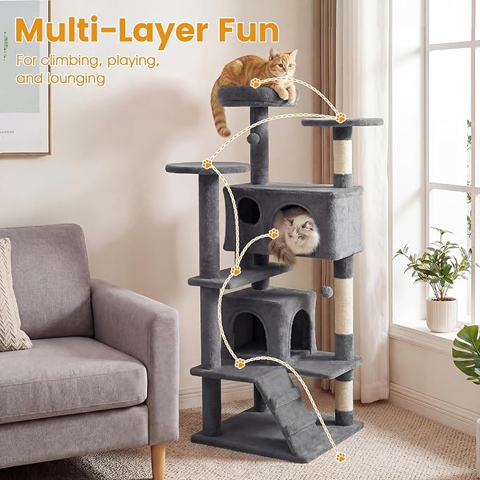 PETSITE 52-inch Cat Tree, Multi-Level Cat Tower with Sisal Scratching Posts, 2 Comfy Condos, Plush Padded Soft Top Perch, Dangling Balls, and Climbing Ladder, Ideal for Indoor Cats (Light Grey)