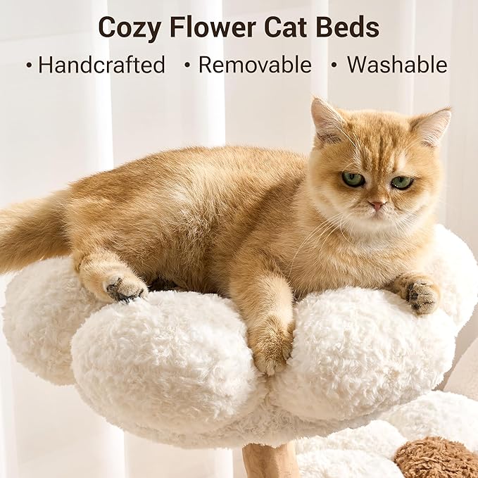 Aesthetic Flower Cat Tree Tower with Scratching Post for Indoor Cats, 30" H Modern Cat Tree with Natural Solid Wood Branch, Fluffy Cat Beds Removable & Large Scratching Board, Dreamy Blue