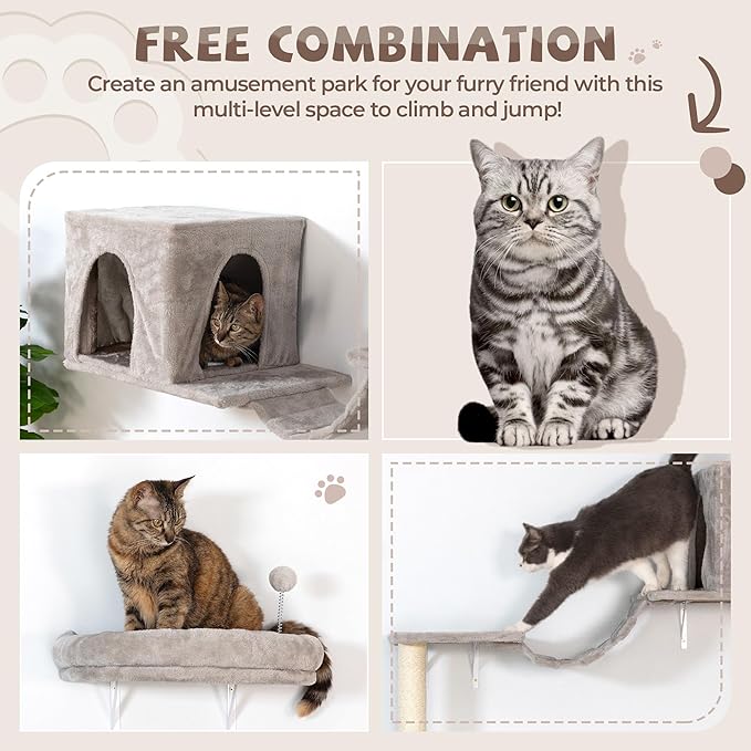 COZIWOW 8-in-1 Cat Wall Furniture Set – Wall Mounted Cat Climbing Wall Shelves with Tree, Perch, Scratching Post and Bridge for Large Cats (Gray)