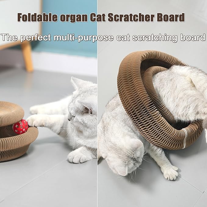 Magic Organ Cat Scratcher Pad with Bell-Ball, Foldable Cat Cardboard Lounge Bed, Interactive Cat Butler for Cat Scratching, Mental Physical Training Exercise for Indoor Kitty Toys (1)