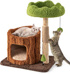 Tangkula Solid Wood Cat Tree, Natural Branch Cute Kitten Tower with Jute Scratching Post & Mat, Tree Hole Condo, Bed, Perch, Dangling & Spring Balls, Small Cat Climbing Stand for Indoor Cats & Kittens