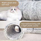 Cat Tunnel Bed for Indoor Cats, Peekaboo Cat Cave with Washable Soft Play Mat, Furry Cat Tube, for Kitten/Puppy/Rabbit, Grey