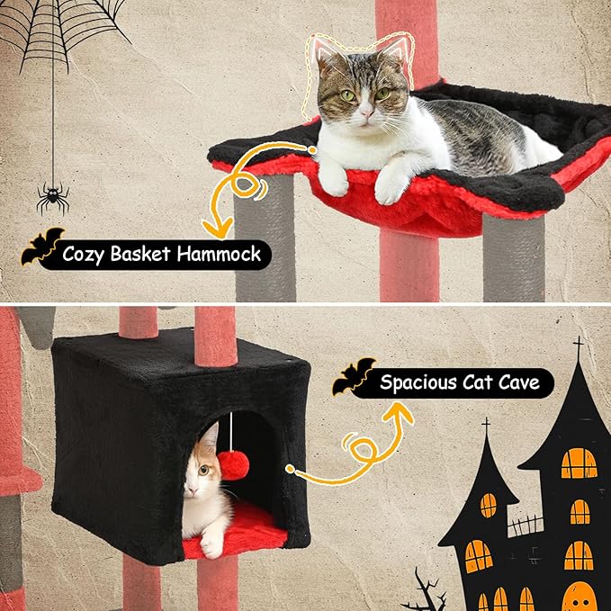BYBYME Gothic Cat Tree for Halloween, 66in Tall Sturdy Furniture Set with Bed House, Hanging Toy, Scratching Board Sisal-Covered Posts, Multifunctional Cat Play Tower with Hammock（Black Red）