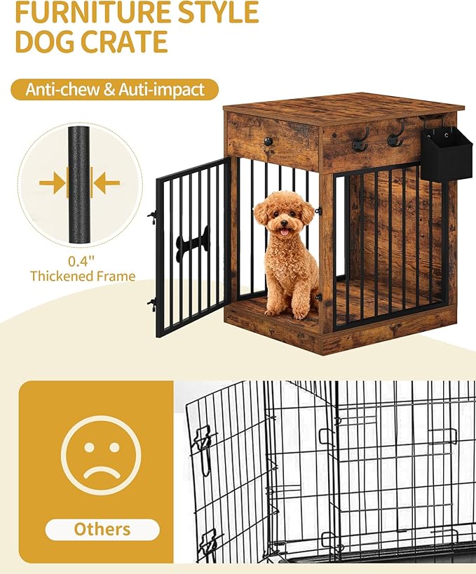24.6'' Dog Crate Furniture with Charging Station, Dog Kennel Indoor with Flip-Top Storage, Wooden Pet Cage Dog House End Side Table for Small Dog Anti-Chew Anti-Escape, Rustic Brown DFC90101B