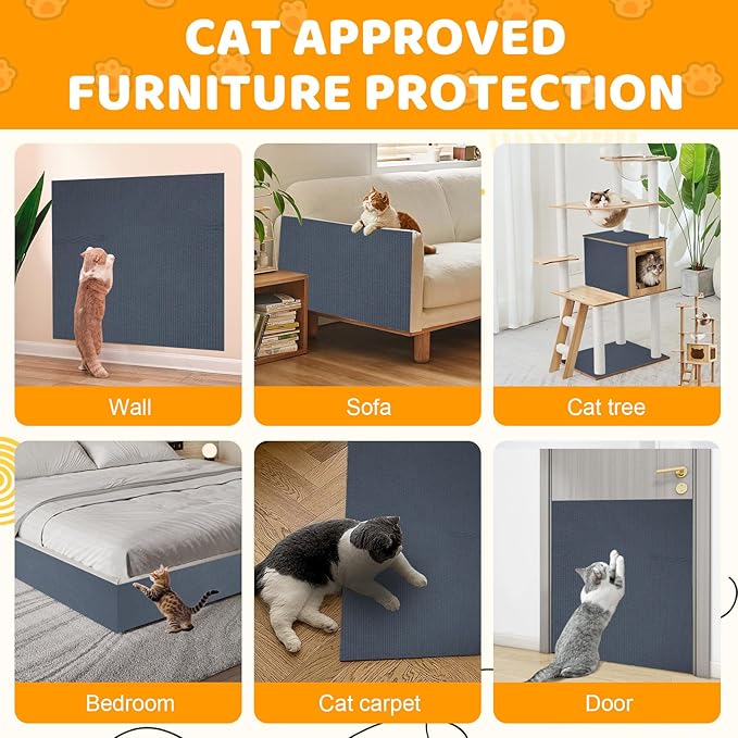 Cat Scratching Mat Self-Adhesive, 157.5'' x 15.8'' Trimmable Cat Scratch Pads Furniture Protector, DIY Climbing Cats Scratching Carpet for Couch, Door Frame or Wall Corner Protector (Light Gray)