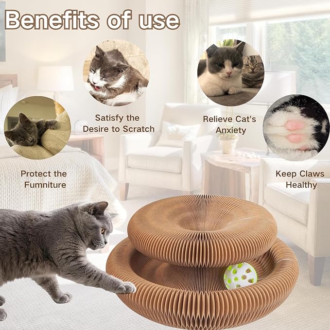 Kitty Kurlz Cat Toy, Magic Organ Cat Scratch Board, Compact Cats Accordion Toy, Foldable Interactive Cardboard Cat Scratcher Pad Toys with 1 Bell Balls for Indoor Cats