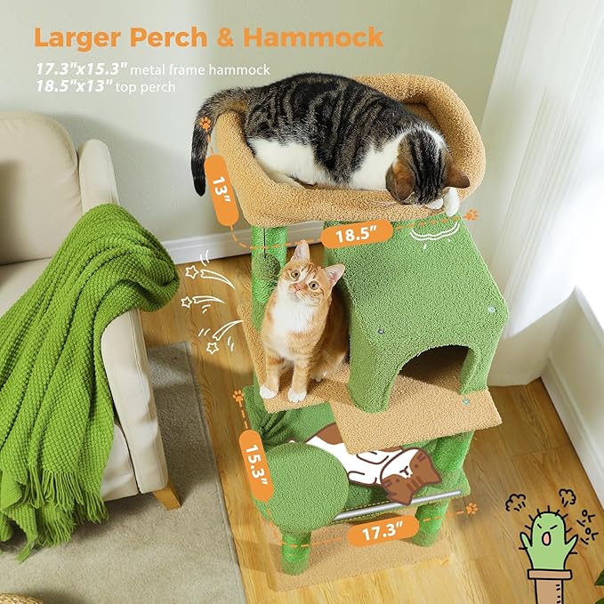 PETEPELA Floor to Ceiling Cat Tree [87"-100"] Height Adjustable, 5 Levels Cactus Cat Tower+56.3'' Tall Cat Tree for Indoor Cats, Cactus Cat Tower