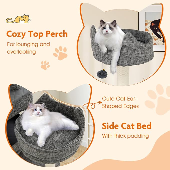 Tangkula 71 Inch Tall Cat Tree, Multi-Level Large Cat Tower with Scratching Posts & Sisal Board & Ladder, 2 Removable Condos, Perch, Bed, Dangling Balls, Modern Linen Fabric Cat Tree for Indoor Cat