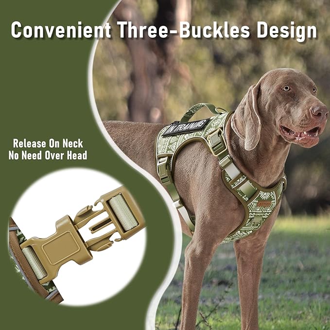 Green Dog Harness for X-Large Dog Breeds, No Pull Adjustable Pet Harness with Handle, Reflective K9 Military Service Dog Vest for Walking Hiking Training, Green Ethnic, XL