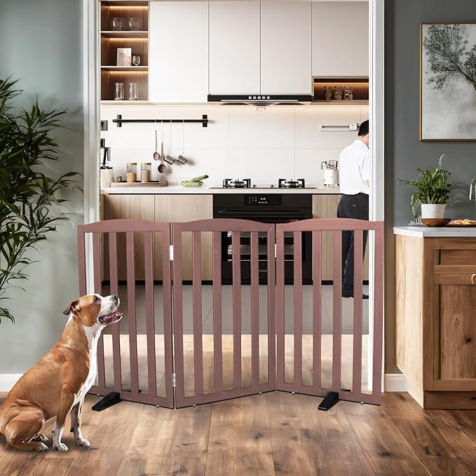 Freestanding Dog Gate Indoor,Doggie Gate Foldable Pet Gates for Doorways,Stairs or Hallways, Wooden Brown Pet Gate for the House, Pet Fence with Support Feet Included,32 "Height-3 Panels