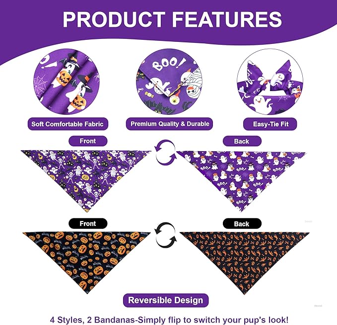Halloween Dog Bandanas 2-Pack for Small to Medium Dogs - Reversible Ghost Pumpkin Print Scarf - Brown & Black for Costume Parties