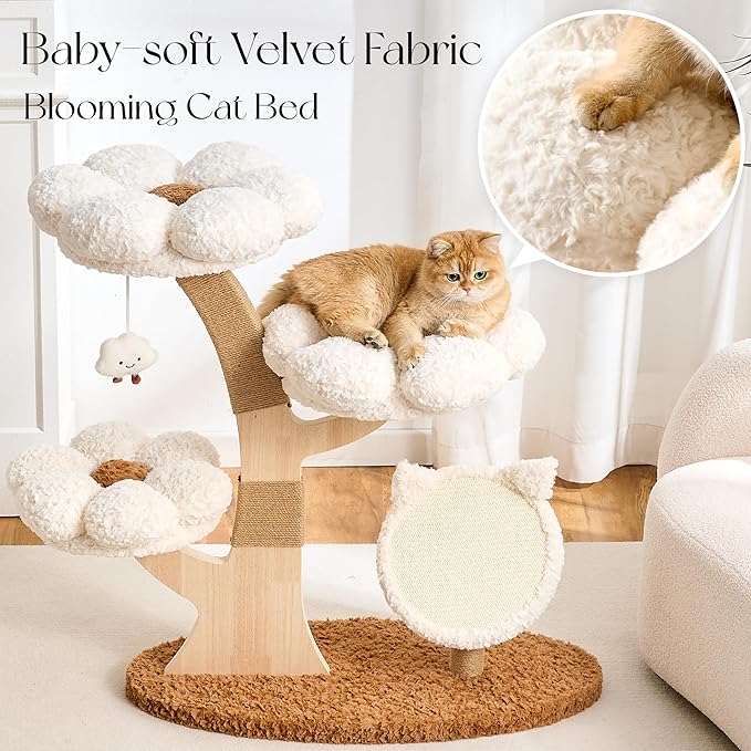 797Audio Flower Cat Tree, 37" Wood Branch Cat Tower, White Cloud Cat Tree with Scratching Post for Indoor Adult Cats, Luxury Cat Tree with Cat Scratch Pad & Interactive Squeaky Hanging Toy