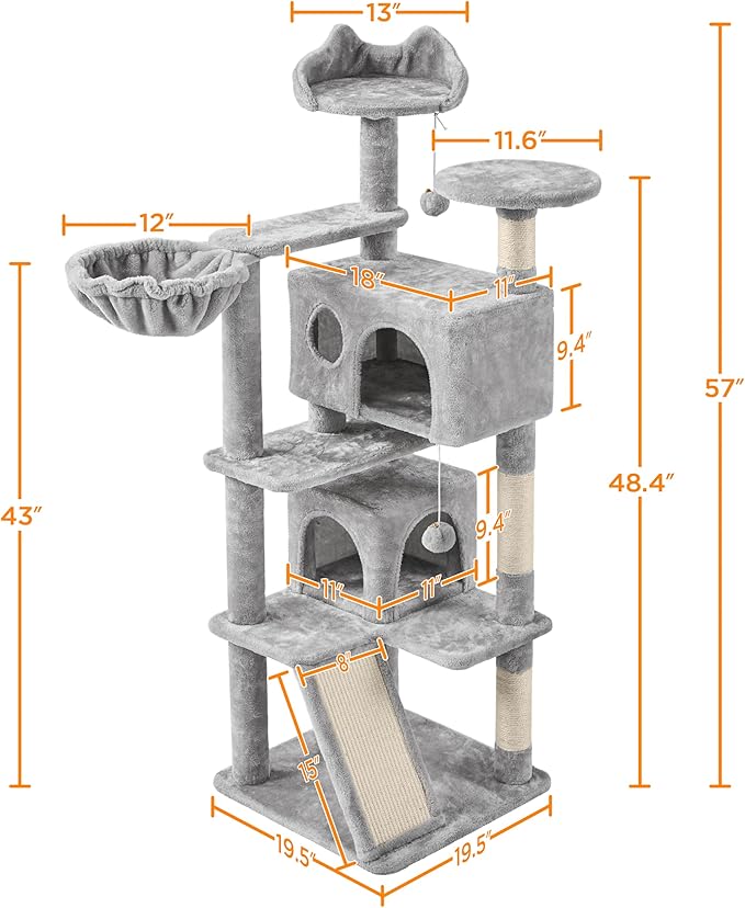 Yaheetech 57in Multi-Level Cat Tree for Large Cats, Luxurious Cat Activity Center with 2 Condos, 3 Jump Perches and Scratching Posts for Indoor Cats and Kittens, Light Gray