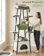 74-Inch Modern Cat Tree Tower for Large Cats, Multi-Level Cat Tower with Scratching Board, Large Perch, Hammock, Removable Pads, Green
