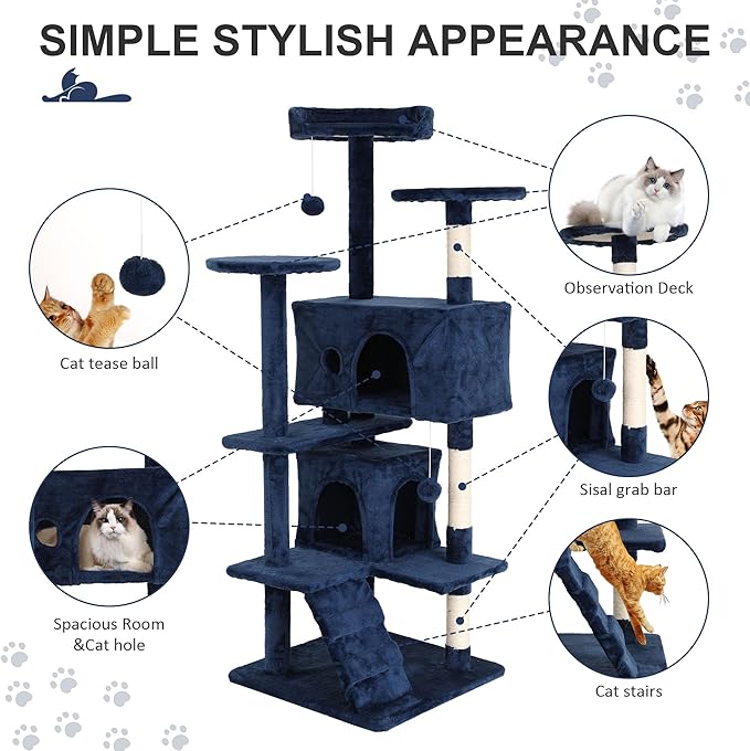 70" Multi-Level Cat Tree Tower with Scratching Posts, Toys & Condo - Space-Saving Design for Indoor Kittens, Compact Floor Footprint & Vertical Space for Multi-Cat Homes-Navy Blue