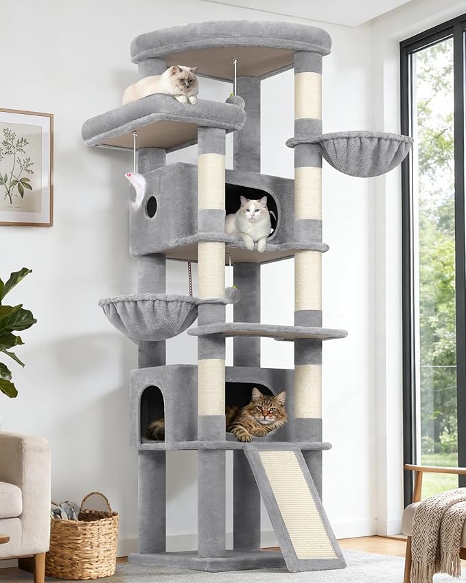 Globlazer Extra Large Heavy Duty Cat Tree, 80in Tall Sturdy Cat Tree Tower for Multiple Indoor Cats Large Adult with Scratching Posts, 2 Spacious Condos with Padding, 2 Soft Perches, S80C, Light Grey