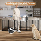 Full Metal Freestanding Dog Gate with Door, 32''Height Foldable Pet Dog Fence for Indoor & Outdoor, 6 Panels Extra Wide Free Standing TallDog Gates for Doorways,House,Stairs,Porch,Deck,Yard