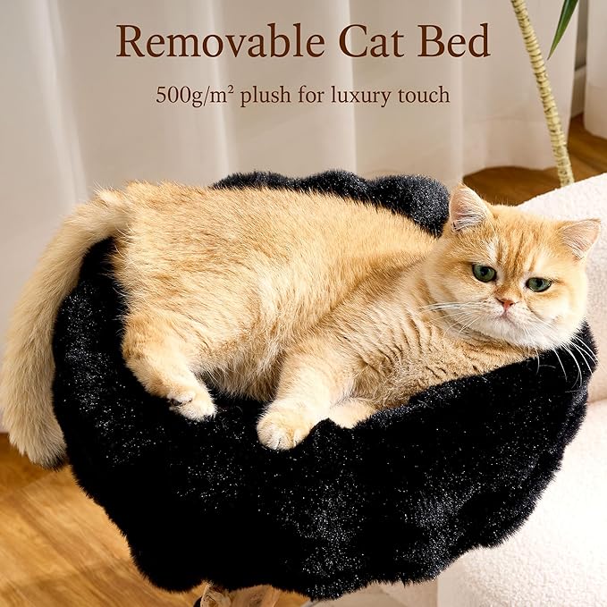 HITTITE Natural Solid Wood Cat Tree Tower with Scratching Post, 32 Inches Tall Modern Cat Tower with Cozy Bed and Platforms, Luxury Real Branch Cat Tree for Indoor Cats Large Adult, Black.