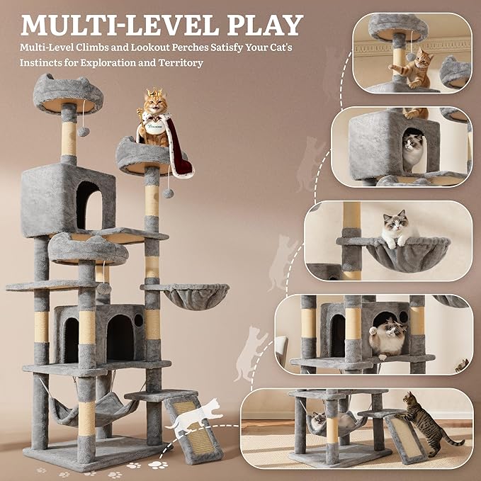 YITAHOME Tall Cat Tree for Indoor Cats, 75 inch Multi-Level Cat Tower with Cat Condos, Top Perches, Sisal Ramp Scratching Posts, Cozy Basket, Hammocks, Large Cat Pet Activity Structure, Light Gray