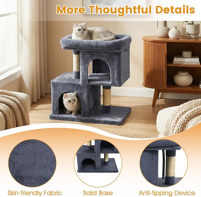 PETSITE 25.5-inch Small Cat Tree, Modern Multi-Level Cat Tower with 2 Comfy Condos, Sisal Scratching Posts, Large Plush Top Perch, and Anti-Tipping Kits, Ideal for Indoor Cats and Kittens (Dark Grey)
