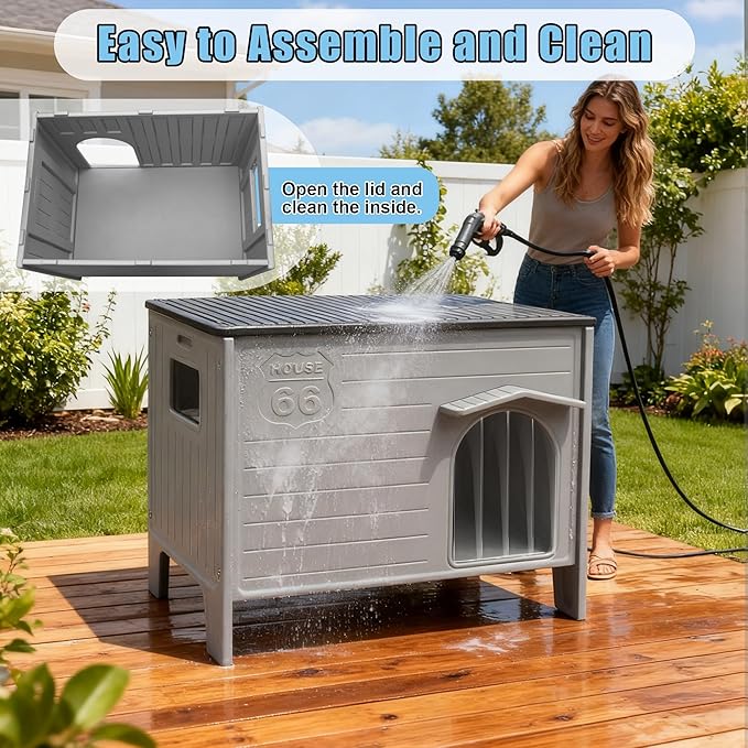 Waterproof Dog House for Outdoor Indoor,Durable Plastic Dog House with Warm Mat Side Window Elevated Floor, Easy to Assemble Easy to Clean(38.3“L× 26.5”W ×32.4" H)
