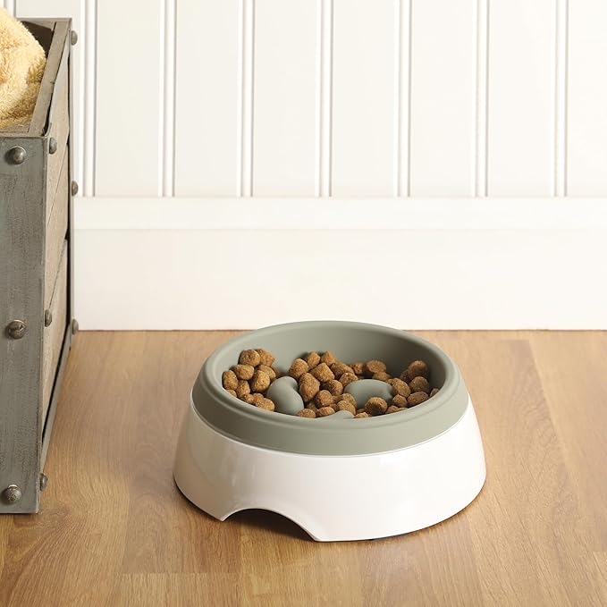 Gibson Home Curious Canines Slow Feeder Dog Bowl, 6.75” Melamine Anti-Gulp Feeding Bowl, Non-Slip, Dishwasher Safe, Green