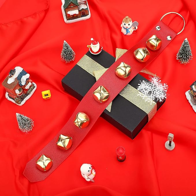 Frienda Hanging Jingle Sleigh Bells 7-Bell Dog Doorbells for Door Knob Faux Leather Belts Go Outside Dog Bells Christmas Decor and Holiday Decorations, 18.7 x 1.8 x 1 Inches(Red with Gold)