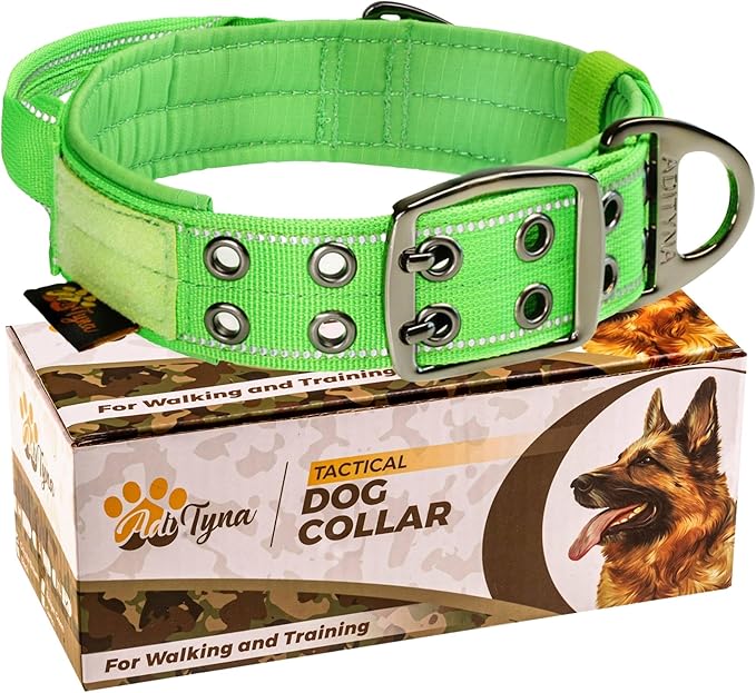 ADITYNA Heavy Duty Dog Collar for Extra-Large Dogs - Reflective Green Collar with Handle for Training, and Walking - Wide, Thick, Tactical, Soft Neoprene Padded
