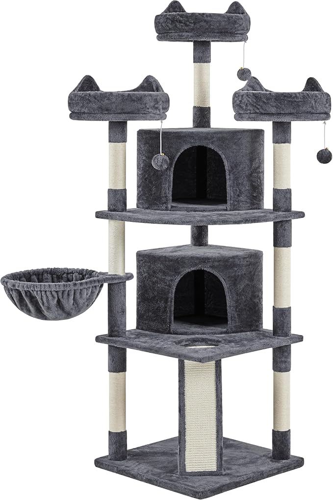 Topeakmart Large Cat Tower Cat Tree with Caves Condos, Platforms Scratching Board & Scratching Posts as Cat Activity Center, Pet Play House