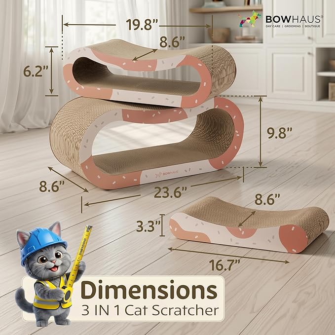 3 in 1 Cat Scratch Board, Cat Scratcher Lounger for Indoor Cat, Cardboard Cat Scratcher, Durable & Long-Lasting Infinity Cat Scratcher, Reversible Scratching Pads for Protecting Furniture