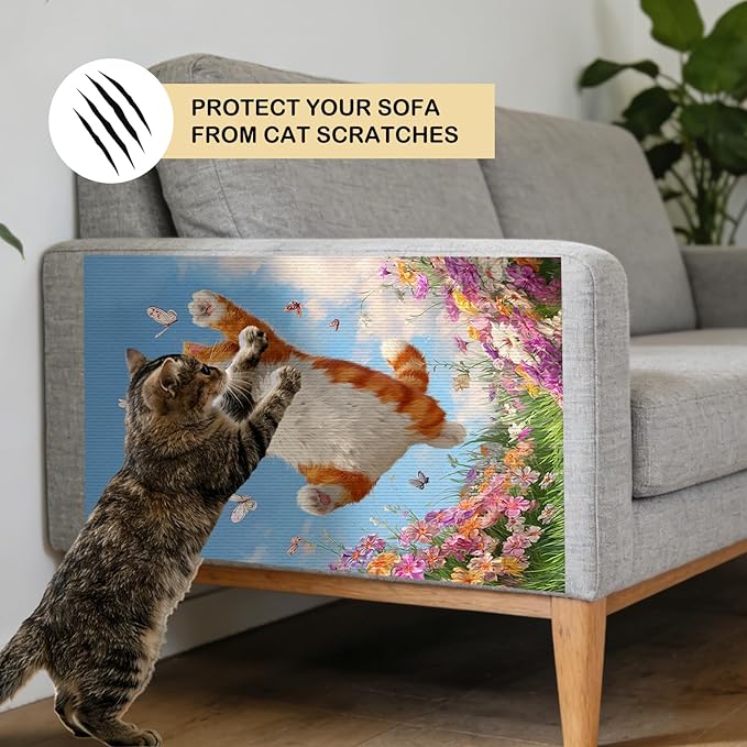 Nuxovilar Cat Scratching Mat 15.3x23.6 Inches Polyester Synthetic Fiber, Jumping Orange Cat & Butterflies Print, wall Scratcher, Scratch pad, Home Decor, Bedroom, Patio (2pcs)