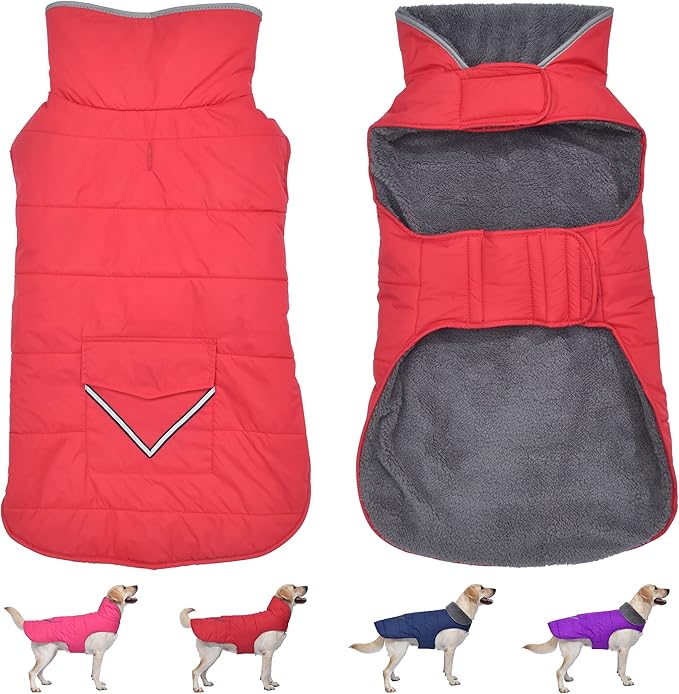 Dog Coat, Waterproof Dog Winter Jacket with Pocket, Reflective Adjustable Pet Snow Vest, Warm Cozy Fleece Sweater for Small Medium Extra Large Dogs - Red, XS