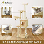 64” Wooden Cat Tree Tower for Indoor Large Cats & Kittens, Modern Tall Cat Climbing Tree w/Cave Condo, Scratching Posts, Hammock, Multi-Level Cat Tower w/Interactive Toy & Detachable Cushion