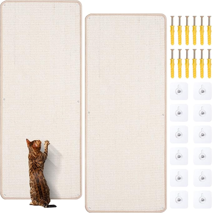 Natural Sisal Cat Scratcher Mat, Wall Scratcher Carpet, Cat Climbing Wall, Large Tall Scratching Post, Sofa Protector, Scratching Mat Pad for Indoor Cats (White, 39.3" Lx15.7 W, 2PCS)