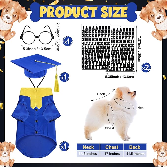 5 Pcs Dog Graduation Costume Set Include 2026 Pet Graduation Gown with Stole Puppy Grad Cap Lensless Glasses DIY Letter Stickers for Dogs Cats Holiday Costume Accessory(Blue Yellow,S)