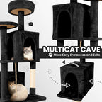 58.5inch Large Cat Tree Tower Condo for Indoor Cats, Soft Plush Multi-Level Climbing Tree Cat House with Cat Cave, Scratching Post, More Entrance/Exit, Sisal Rope, Night Black