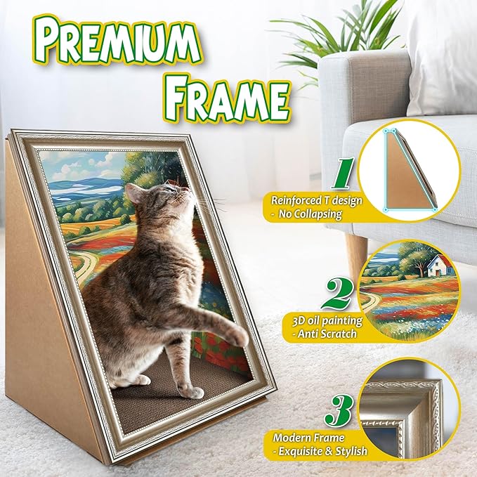 Cat Scratcher, Scratch Pad with Oil Painting, Furniture Saver Scratching Board, Cardboard Cat Scratcher House with Frame, Large Scratching Pad & Scratcher Bed, Cat Cardboard Scratcher for Indoor Cats