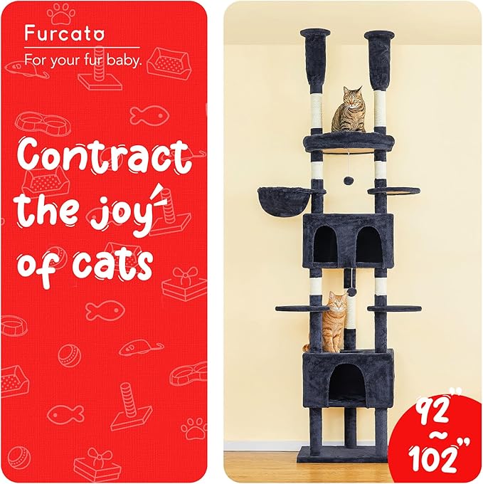 Cat Tree, Floor to Ceiling Cat Tower Adjustable Height [92-102 in=235-257cm], 8 Tiers Cat Climbing Play House with Scratching Post, 2 Cozy Condos&Hammocks for Indoor Cats, Smoky Grey