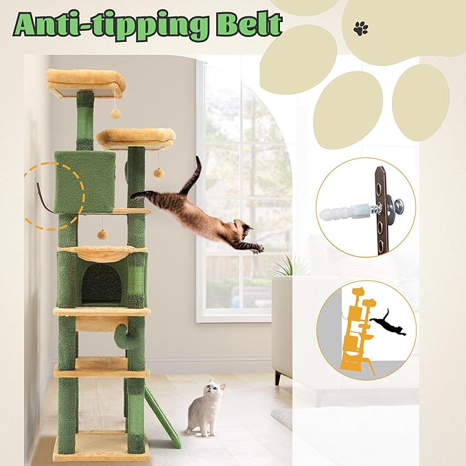 DWVO Cactus Cat Tree for Large Cats: 76" Tall with Self-Grooming Brush, Cute Kitten Climbing Tower for Indoor Kittens with Cat Condo, Top Perch, Basktet, Sisal Scratching Posts, Dangling Ball