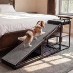 4-in-1 Dog Ramp, 65" x 26" x 17" Storage Ottoman Bench Upholstered Padded with Solid Wood Shelf, Foldable Pet Stairs Non-Slip Silicone Surface - Safety Railings Load up to 220 lb, Black