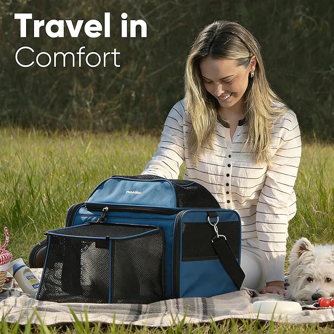FUKUMARU Expandable Cat Carrier, 18x11x11 Soft Cat Travel Carrier, Ventilate Airline Approved Dog Carrier, Durable Small Dog Carrier with Anti-Scratch Mesh, Escape-Proof Pet Carrier for Cat, Blue