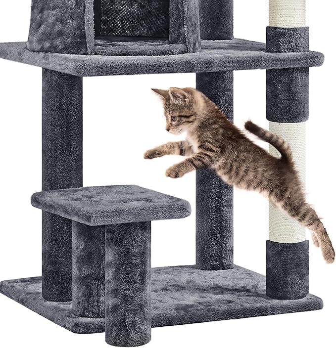 Topeakmart Cat Tree 57in, Multi Level Cat Tower with Basket & Condo & Scratching Post & Padded Perch & Extended Platform & Fur Ball