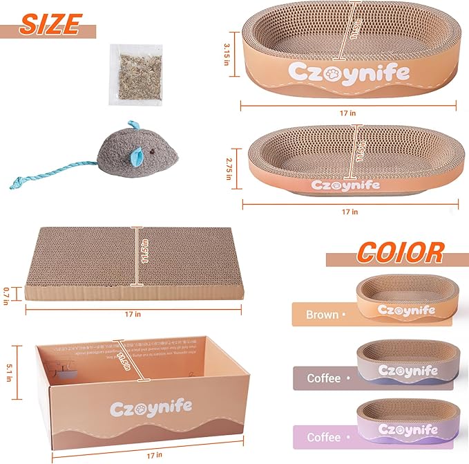 3PCS Cat Scratcher Bed, Oval Cat Scratcher Pad Bowl Nest for Indoor Cats, Round Cat Scratching Cardboard, Furniture Protector for Couch, for Kittens (Brown, 17 * 11.5 in)