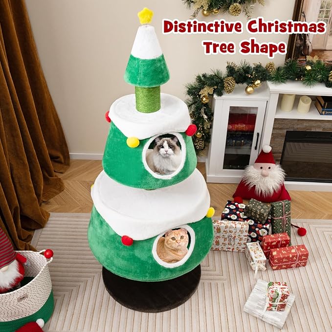 60" Christmas Cat Tower with 2-Level Cat Condos, Premium Scratching Posts,Star Design, Play Center for Kittens, Festive Cat Hideaway Furniture, Green