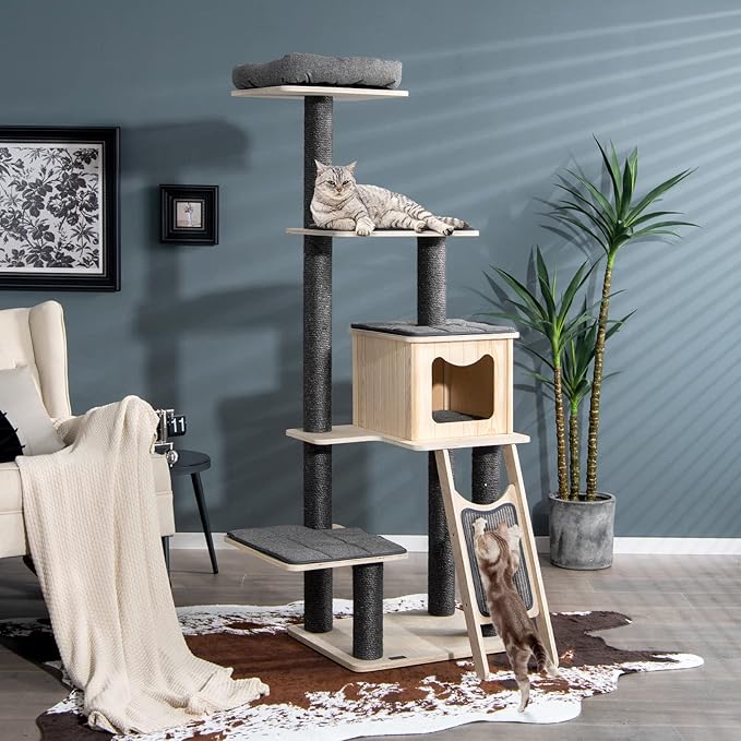 Tangkula Tall Cat Tree, 69 Inch 5-Tier Wood Cat Tower with Scratching Sisal Posts, Top Perch, Cute Cat Condo, Modern Cat Tree with Washable Cushions for Indoor Cats Large Adult (Grey)