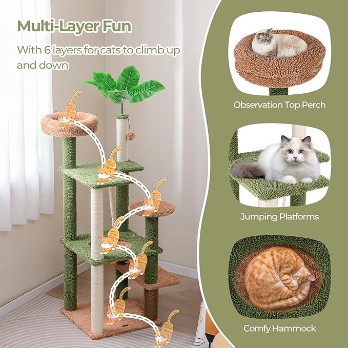 Tangkula Plant Cat Tree, 60 Inch Green Aesthetic Cat Tower with Sisal Scratching Posts, Artificial Leaves, Perch, Hammock, Self Groomer, Rope, Pompom Ball, Cute Cat Tree Tower for Indoor Cats