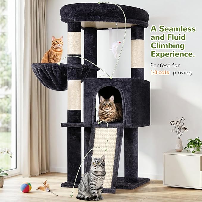 Globlazer 45" Cat Tree for 2-3 Medium Cats, Multi-Level Cat Tower with Scratching Board for Kittens and Senior Cats, Condo & Hammock Space Saving Cat Tower, F45, Dark Grey