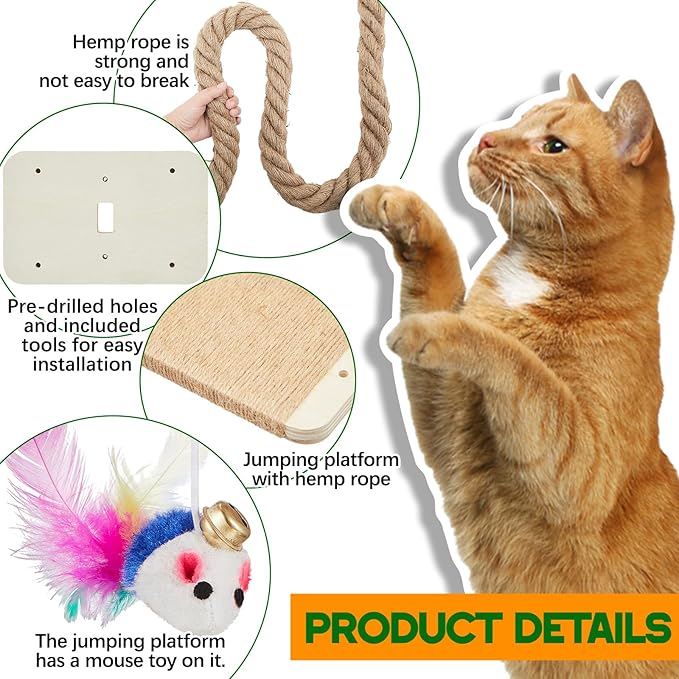 Weysat Cat Tree with 2 x 59.1 Inch Climbing Rope Wall Mounted Cat Climbing Tower Toy with Scratching Post Kitten Rope Ladder with Jumping Platform Wall Steps for Playing and Rest (Wood,with Toys)