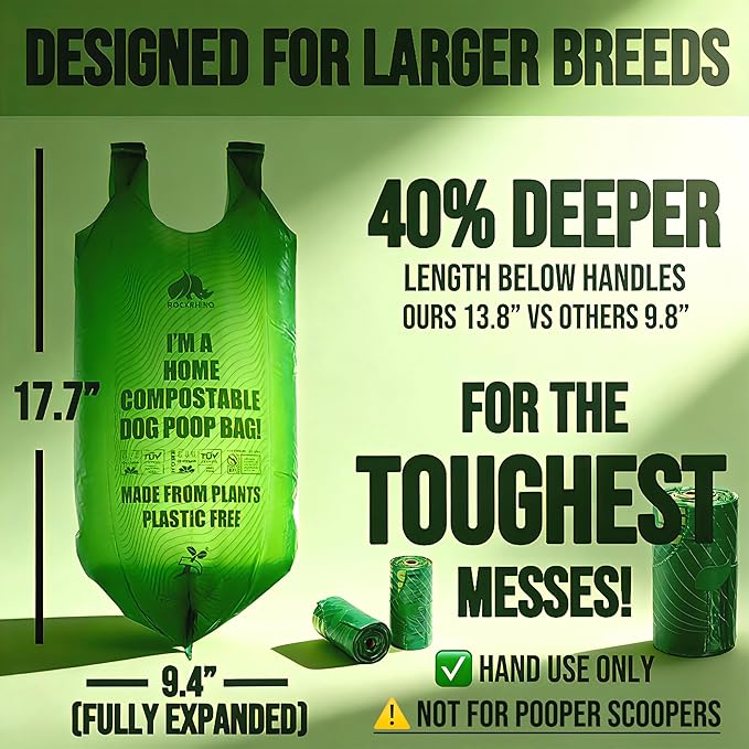 Ultra Thick & Deep RockRhino Dog Poop Bags for Large & XL Breeds | 4-Layer Interlocked Bottom | 100% Home Compostable, 0% Plastic | Vanilla-Scented | 150 Bags, Easy Open Tie Handles, Not for Scooper
